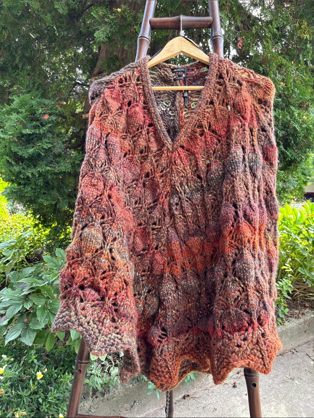 Handknit V-Neck Cable Sweater in Rustic Autumn Multi, brown and rust poncho